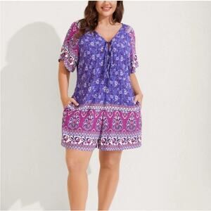 Bloomchic Blue Boho Romper Pockets NWT Size 12 Large Rayon Floral Short